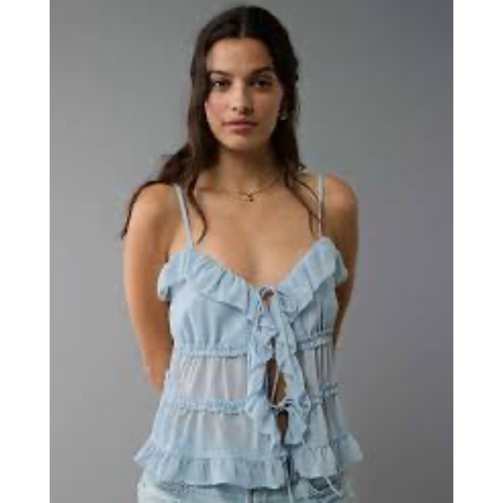 American Eagle Sheer Tiered Ruffle Tie Front Flowy Whimsical Tank Women's Size S
